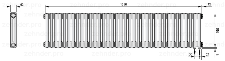 Схема (чертеж) Радиатор Zehnder Charleston 2056/36 №5510 Белый глянцевый RAL 9016